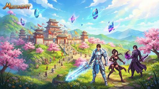 Bright fantasy landscape with cherry blossoms, a citadel and glowing crystals