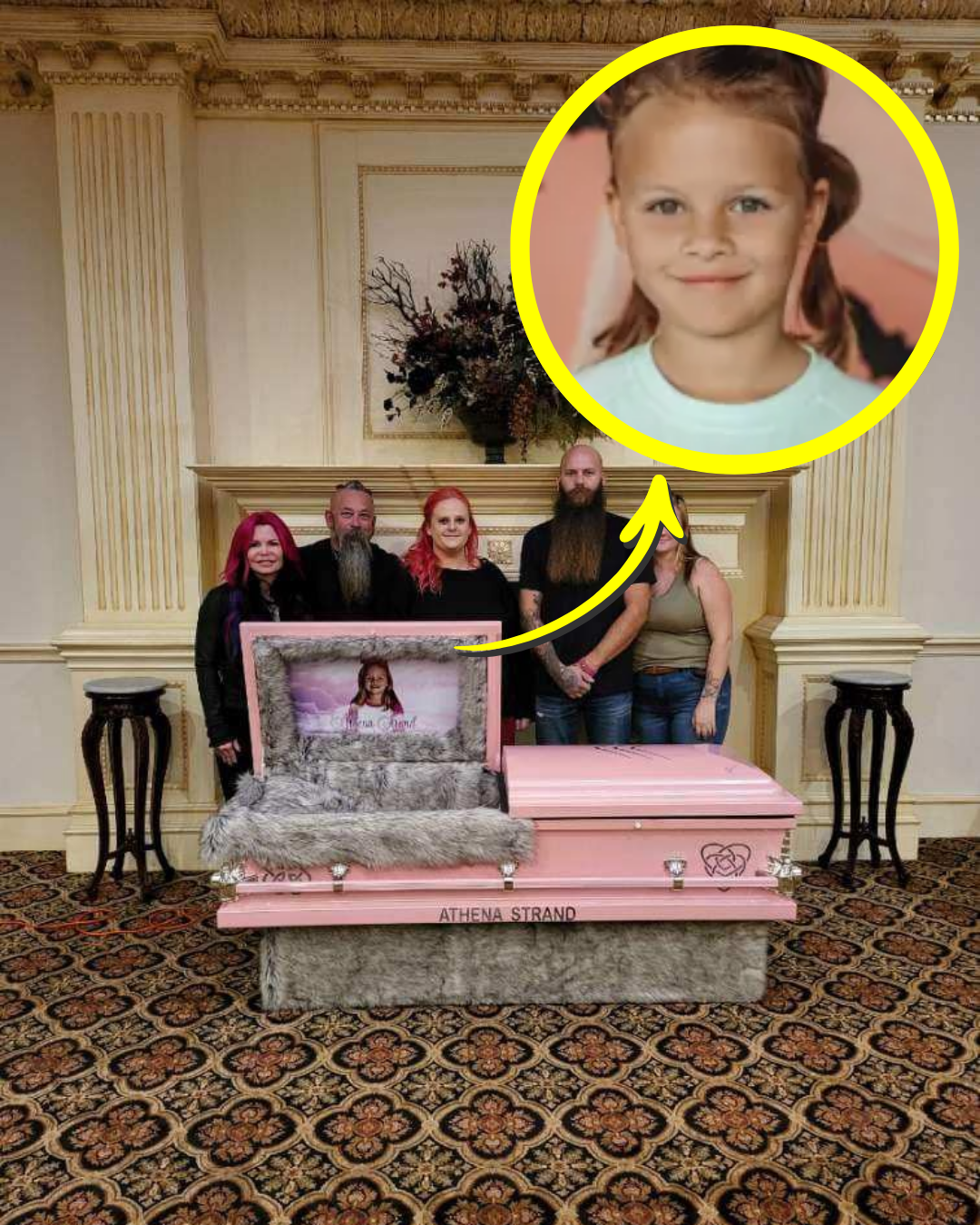 🚨 A PINK COFFIN… AND A GOODBYE NO PARENT SHOULD EVER SAY 🚨  The funeral of little Athena Strand was filled with tears and heartbreak. In the center of the room… a custom pink coffin made just for the 7-year-old girl — a sight that left everyone shattered.  💔 Her father and stepmother stood before the crowd and said just one sentence about her death… a sentence so painful that the entire room fell into silence.  What did they say… that made everyone break down?  👉 Full story in the comments 👇