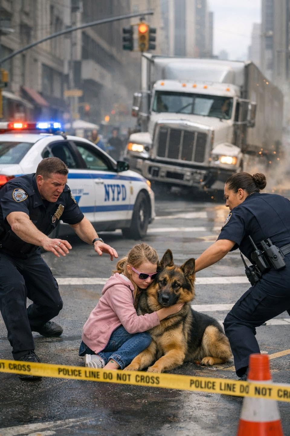 tt_Police Cars Screeched to a Halt at a Busy City Intersection and Officers Rushed Toward a German Shepherd Standing Protectively in Front of a Blind Little Girl