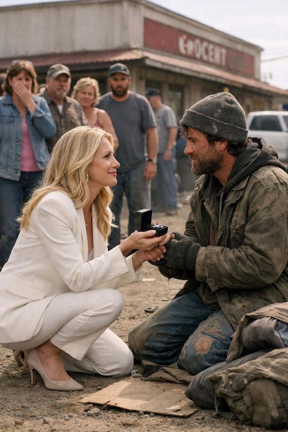 tt_In the Middle of a Dusty Roadside Grocery Parking Lot Where Luxury Cars Never Stopped and People Like Him Were Usually Invisible, a Billionaire Single Mother Walked Straight Up to a Homeless Man and Asked Him to Marry Her