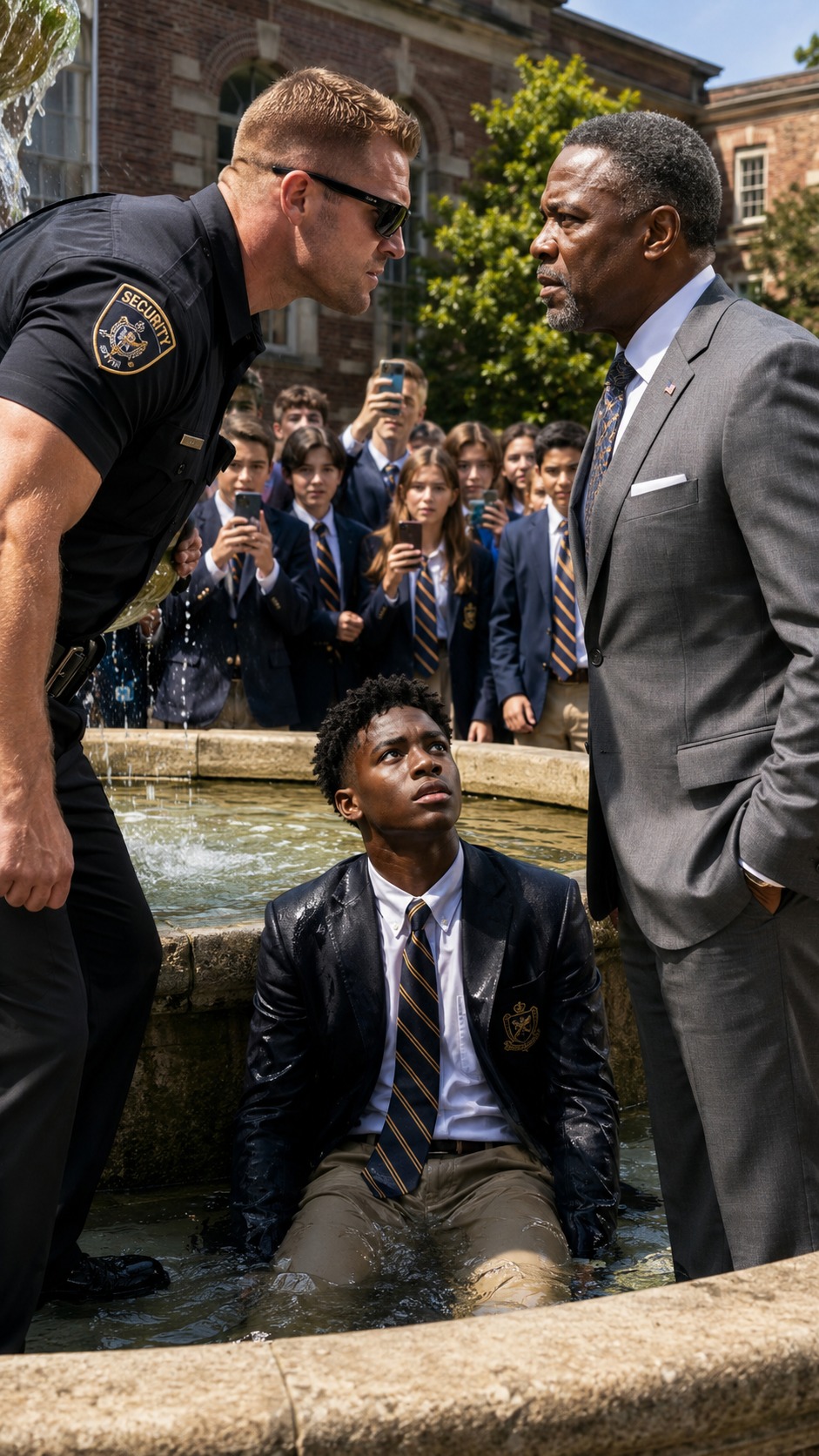 The campus cop shoved me into the freezing fountain while the rich kids laughed, but he didn’t know who my father was.