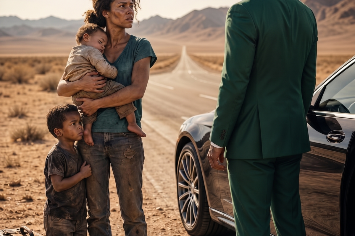 WHILE I STOOD BESIDE AN EMPTY DESERT HIGHWAY WITH TWO HUNGRY CHILDREN, A BILLIONAIRE OFFERED ME A HOME