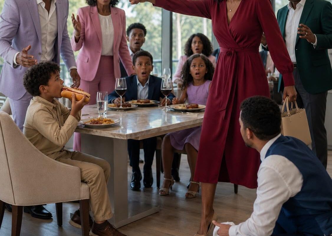 My brother gave my son a hotdog while his kids ate $120 steaks, and mom told me I should have packed food, so when the waiter returned, I stood up and made one announcement that silenced everyone…