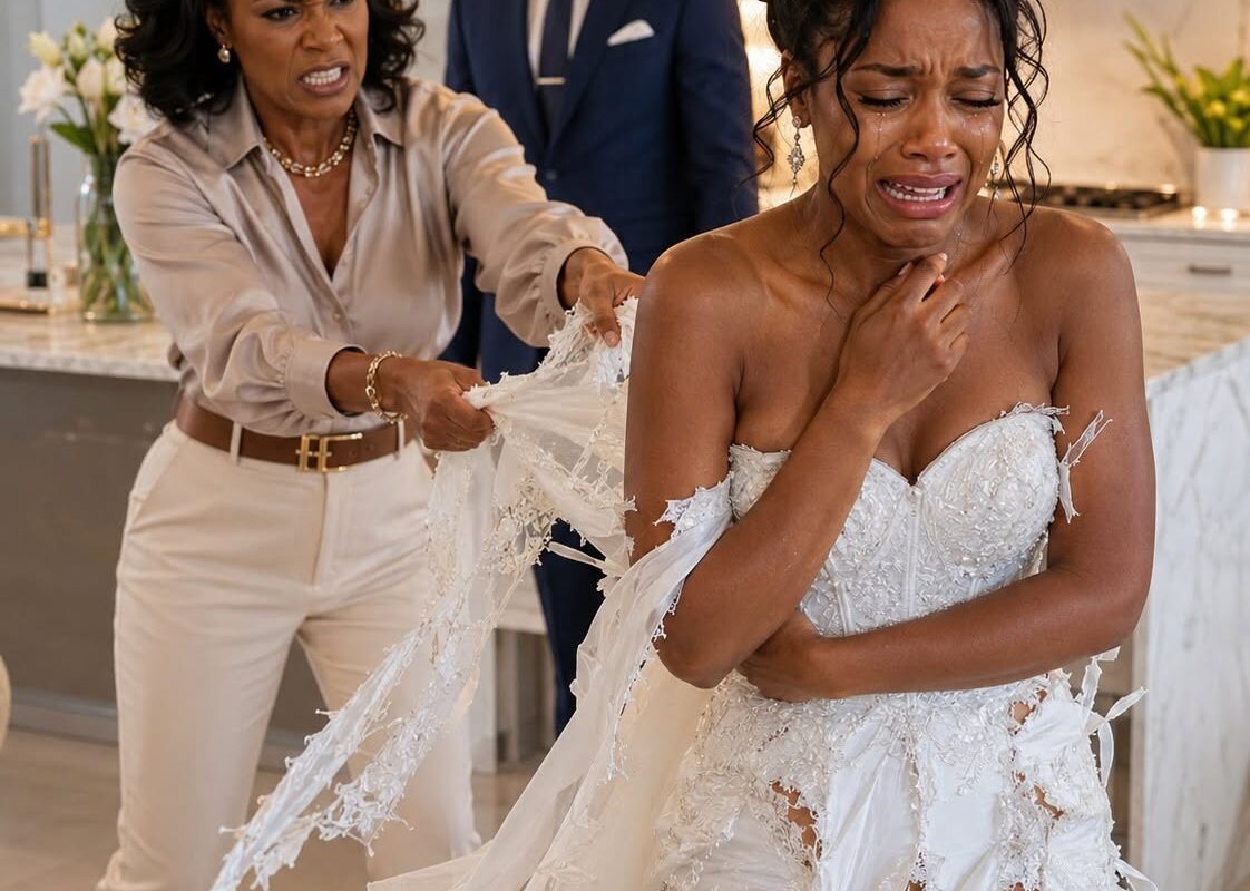 When my mother-in-law tore my white dress in the middle of my kitchen, she screamed, “My son pays for everything in this house!” My husband stood beside her and said nothing..