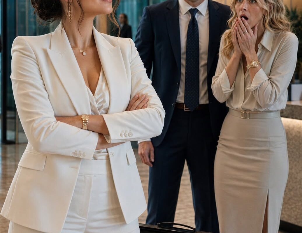 The entire lobby went silent when I rolled two black suitcases across the marble floor and stopped them at the feet of my husband’s twenty-three-year-old intern.