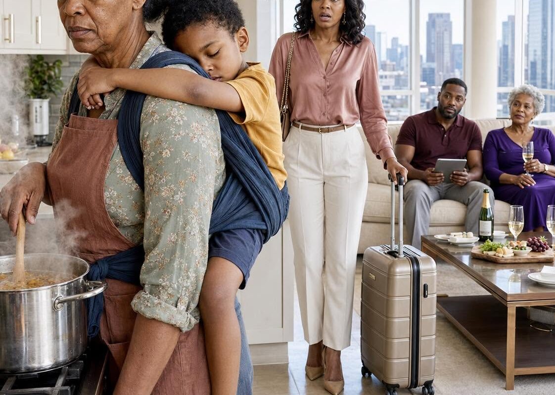 I CAME HOME THREE HOURS EARLY AND FOUND MY SICK MOTHER COOKING WITH MY SON STRAPPED TO HER BACK — WHILE MY HUSBAND AND HIS MOTHER WATCHED TV
